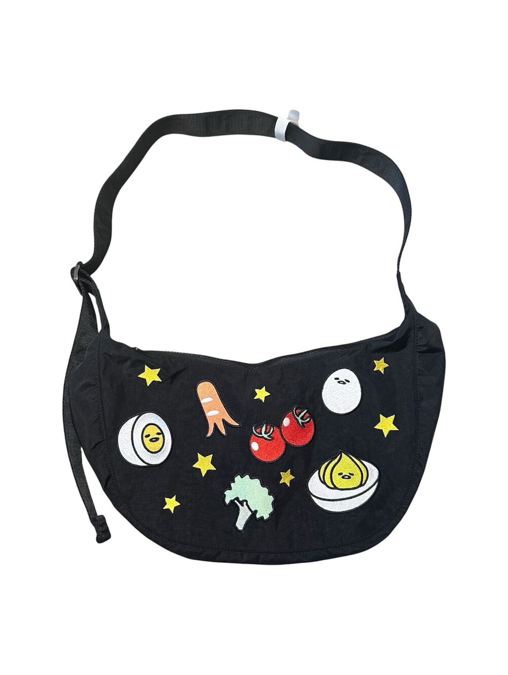 NWT Baggu Sanrio Embroidered Gudetama Black Medium Nylon Crescent Bag 2024